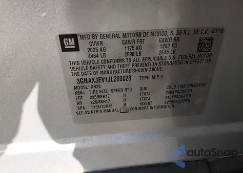 2018 Chevrolet Equinox Lt из США, поврежденный, VIN 3GNAXJEV1JL283028